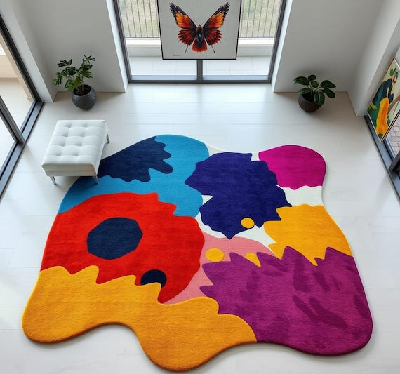 Handmade abstract tufted rug with wavy boho design