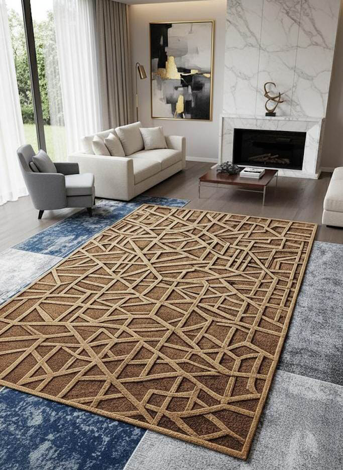 Modern Geometric Brown Carpet – Luxury Abstract Pattern Rug for Living Room
