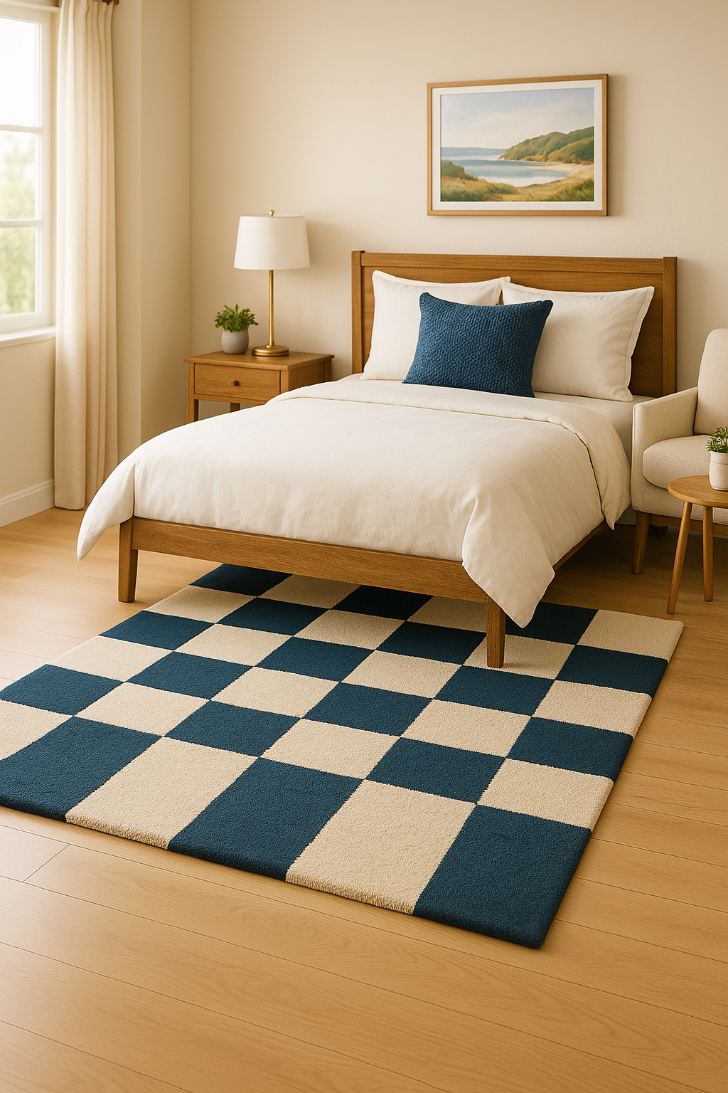 Modern Blue & Cream Checkerboard Rug | Aesthetic Bedroom Decor | Handmade Tufted Area Carpet for Living Room & Home Styling