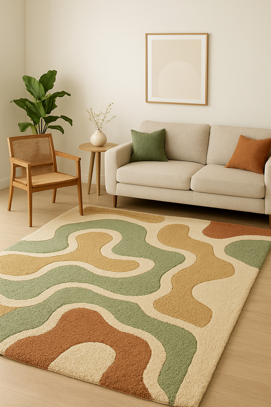 Modern Abstract Tufted Rug – Green Beige Wavy Pattern | Soft Aesthetic Living Room Carpet | Handmade Custom Rug