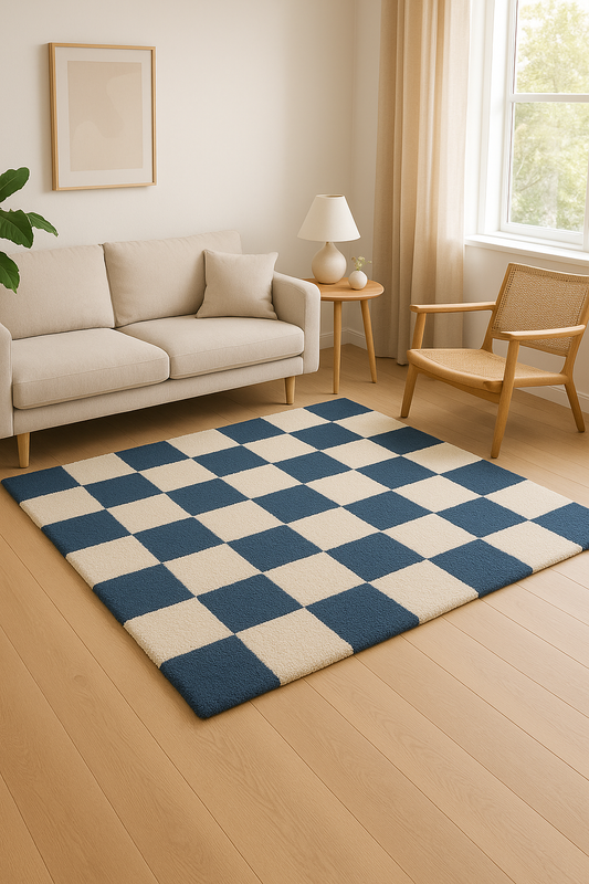 Modern Blue & Cream Checkerboard Rug | Aesthetic Bedroom Decor | Handmade Tufted Area Carpet for Living Room & Home Styling