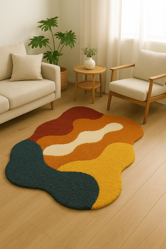 Irregular Abstract Tufted Rug – Modern Multicolor Wave Carpet for Living Room | Handmade Soft Wool Aesthetic Decor