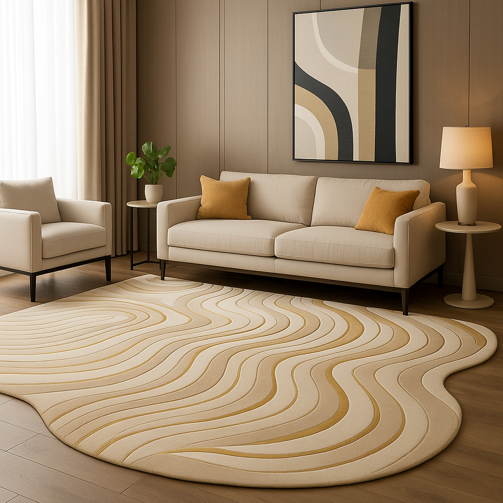 Modern living room with a beige sofa, armchair, and abstract painting on the wall.