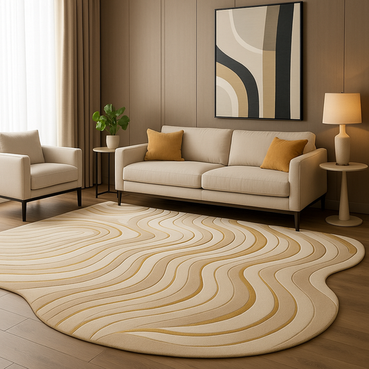 Modern living room with a beige sofa, armchair, and abstract painting on the wall.