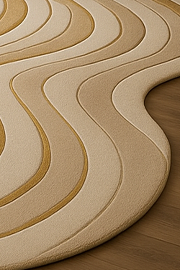 Round beige rug with wavy pattern on a wooden floor