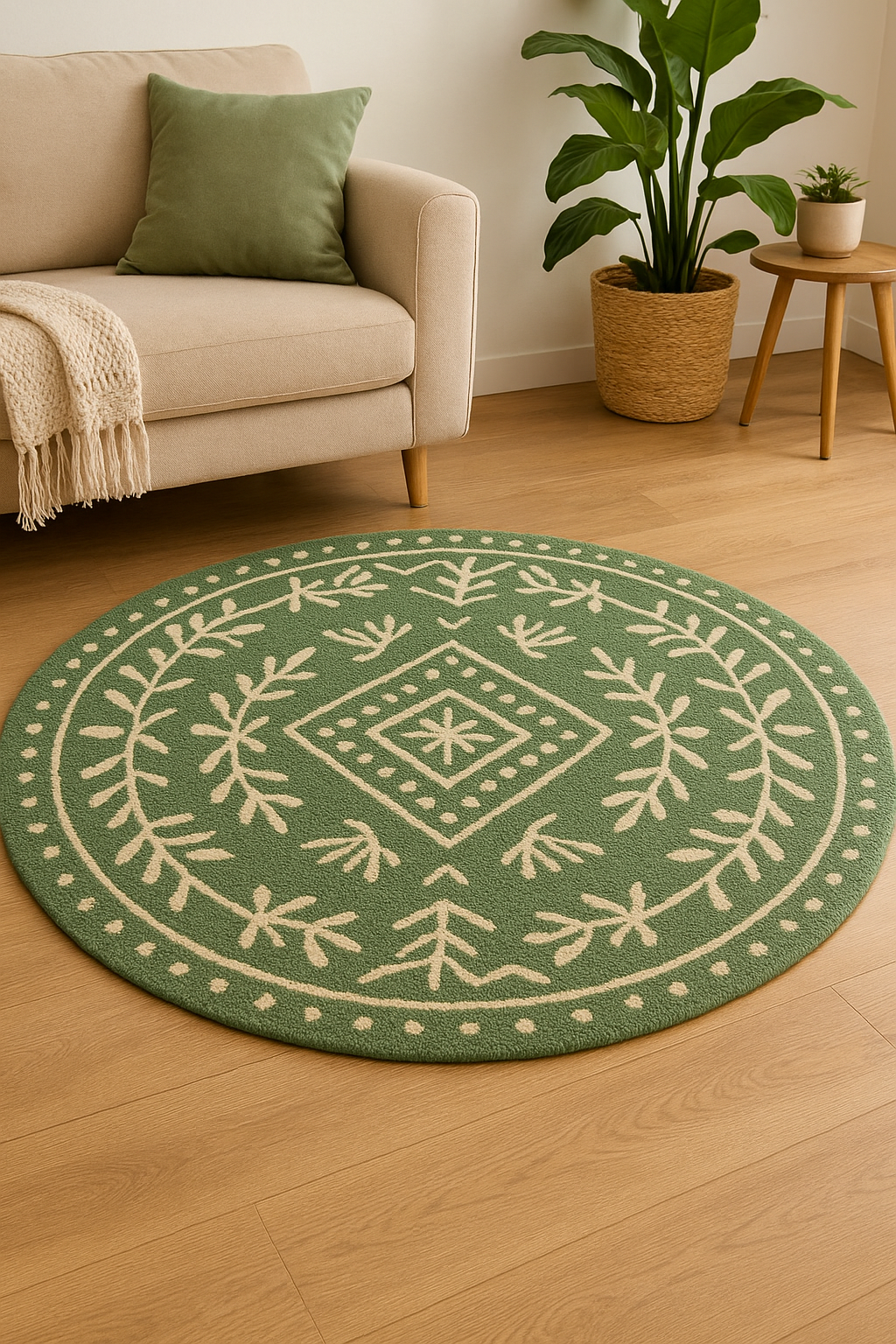 Handmade Green Boho Round Rug – Eco Friendly Carpet for Living Room UK