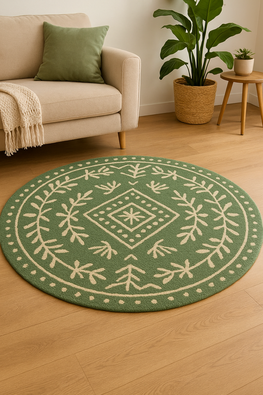 Handmade Green Boho Round Rug – Eco Friendly Carpet for Living Room UK