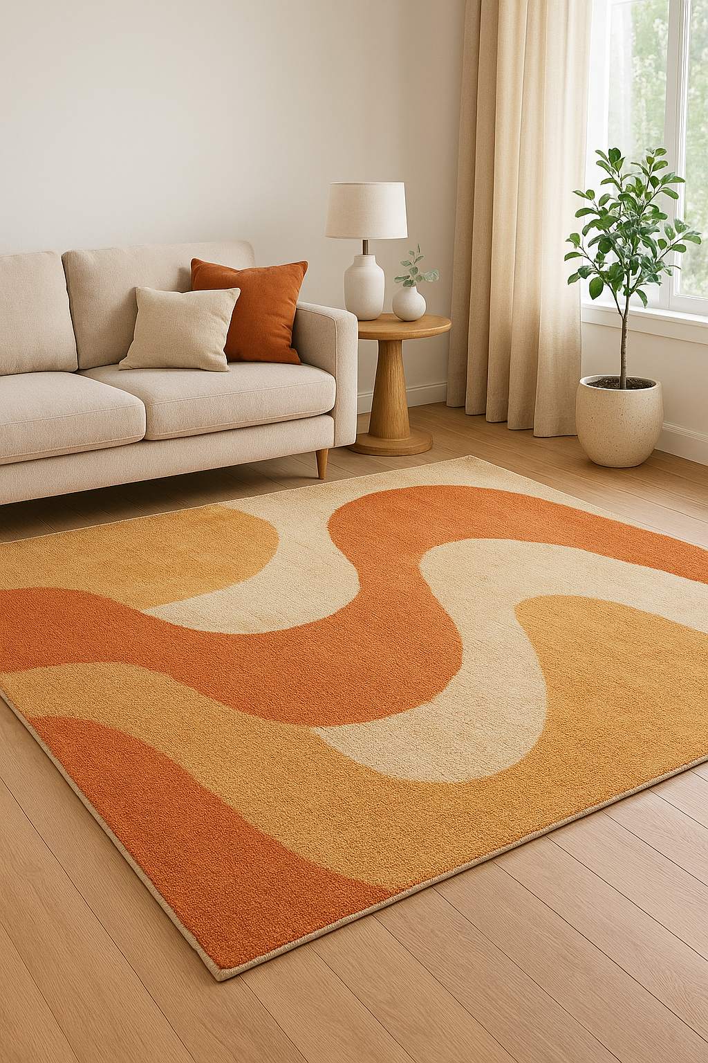 Modern Abstract Tufted Rug | Orange & Beige Wavy Carpet | Trendy Living Room Decor – USA & UK Bestselling