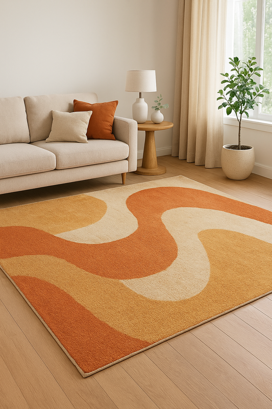 Modern Abstract Tufted Rug | Orange & Beige Wavy Carpet | Trendy Living Room Decor – USA & UK Bestselling