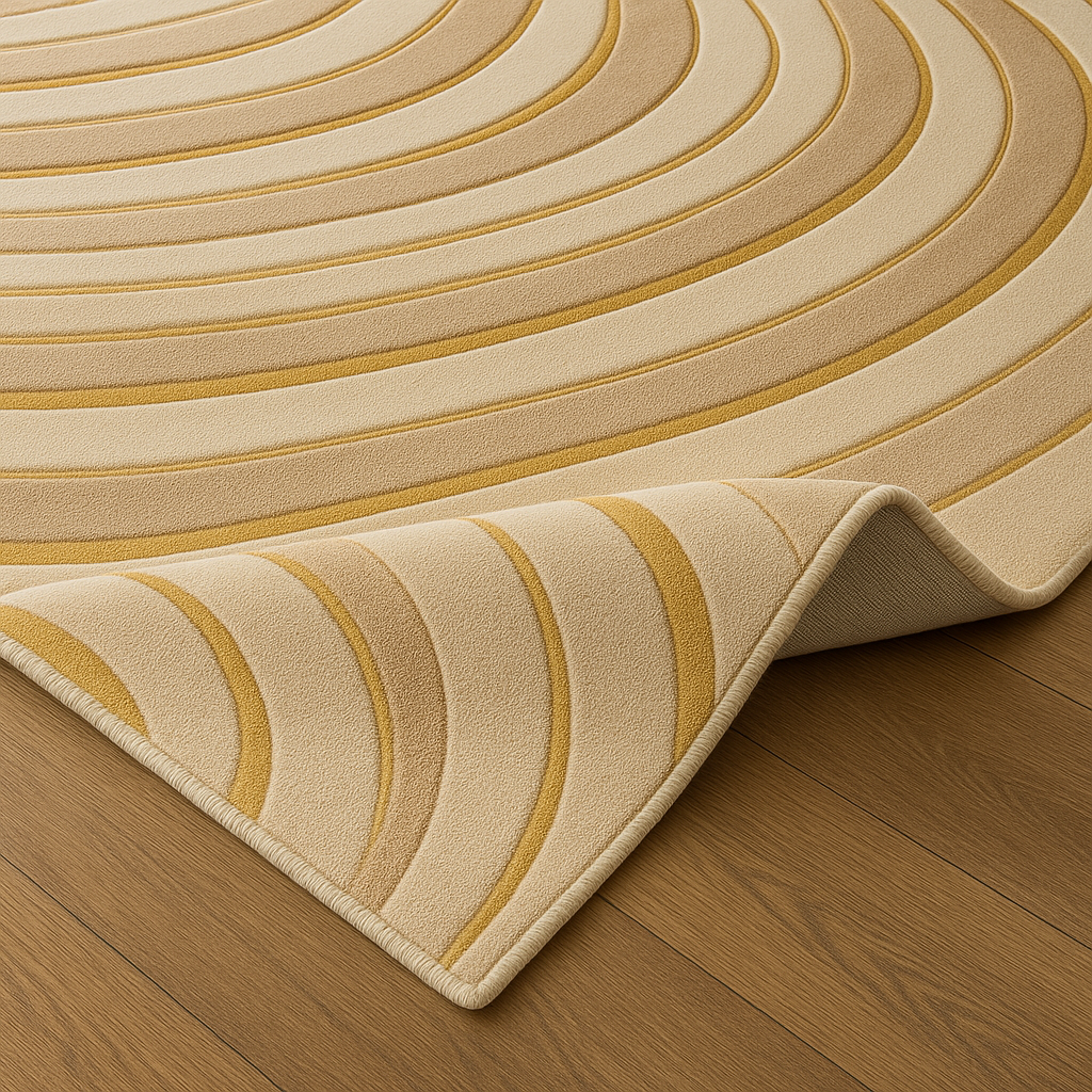 Beige and gold striped rug on a wooden floor