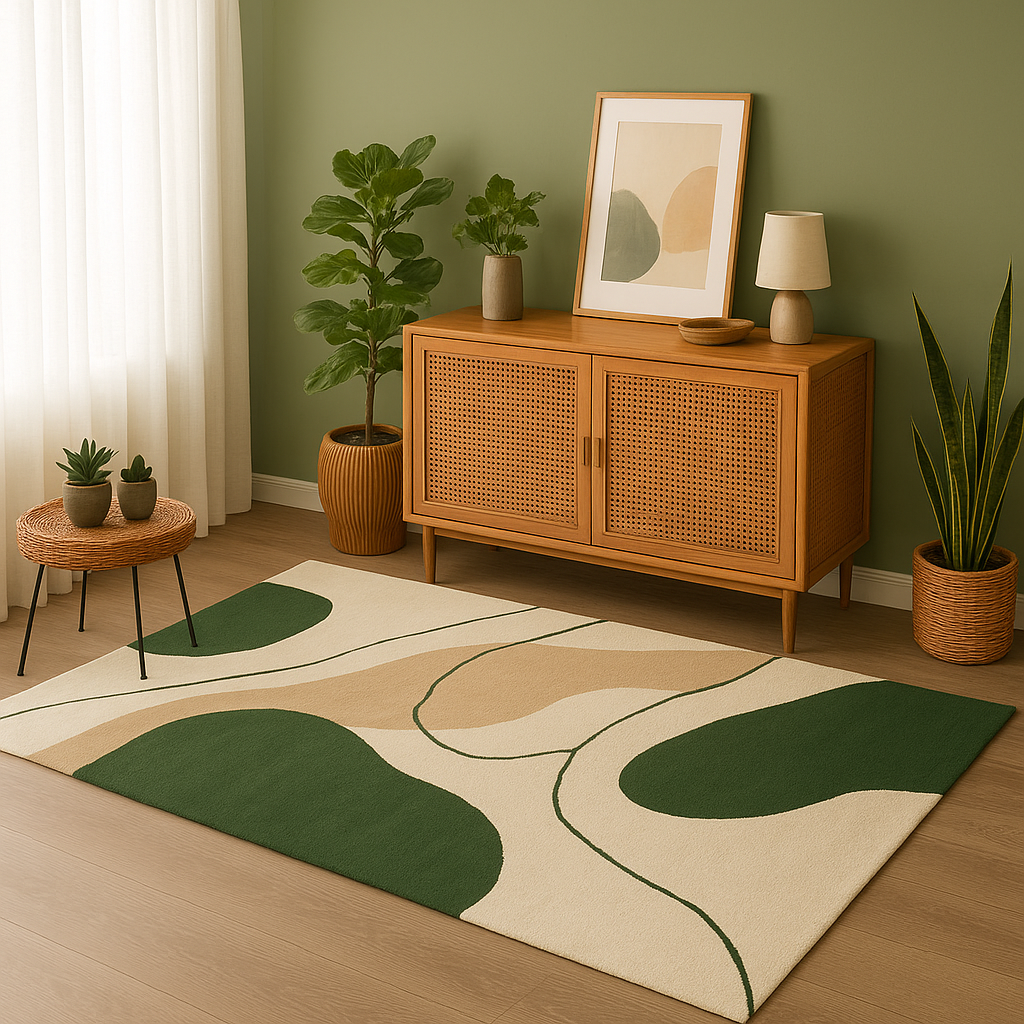 Nursery room with wooden cabinet, plants, and abstract rug