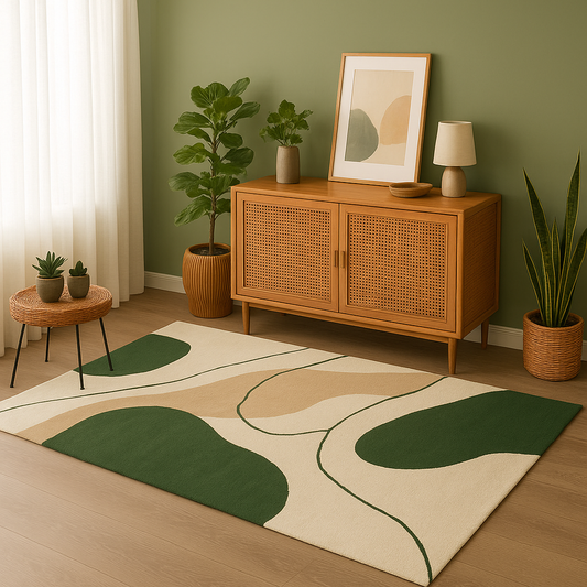 Nursery room with wooden cabinet, plants, and abstract rug