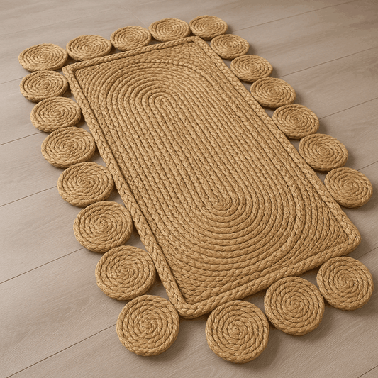 Handmade Natural Jute Braided Rug | Boho Round Edge Carpet | Eco-Friendly Floor Mat for Living Room & Bedroom Decor | Rustic Farmhouse Area Rug